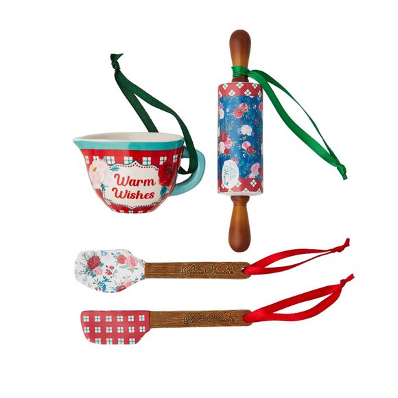 Pioneer Woman Christmas Ornaments Kitchen 4pcs Mini Cup Spatulas Rolling Pin New